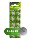 Батарейки щелочные GP LR 44 марганцево-цинковые пуговичные, 10 штук в упаковке (A76FRA-2C10)