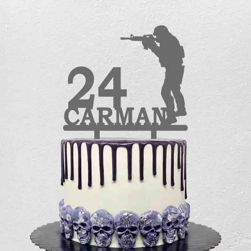 

Personalized Army Fans Birthday Cake Topper Custom Name Age Man Holding Gun Cake Topper For Boy's Birthday Party Cake Decoration