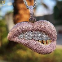 high quality hip hop pink diamond lips pendant cubic zirconia iced out sexy lip bite charms necklace