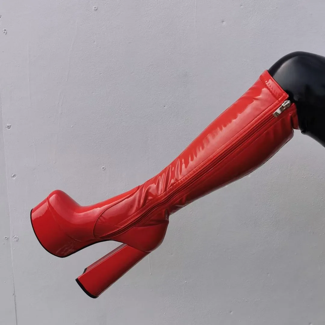 Ladies Red Patent Leather Mirror Platform Boots Knee Boots Side Zipper Plus Size Thick Square Heel Pole Dance Boots Party Shoes