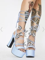 thick platform chunky heeled sandals lace up butterfly designer women summer shoes block high heel runway blue sandal
