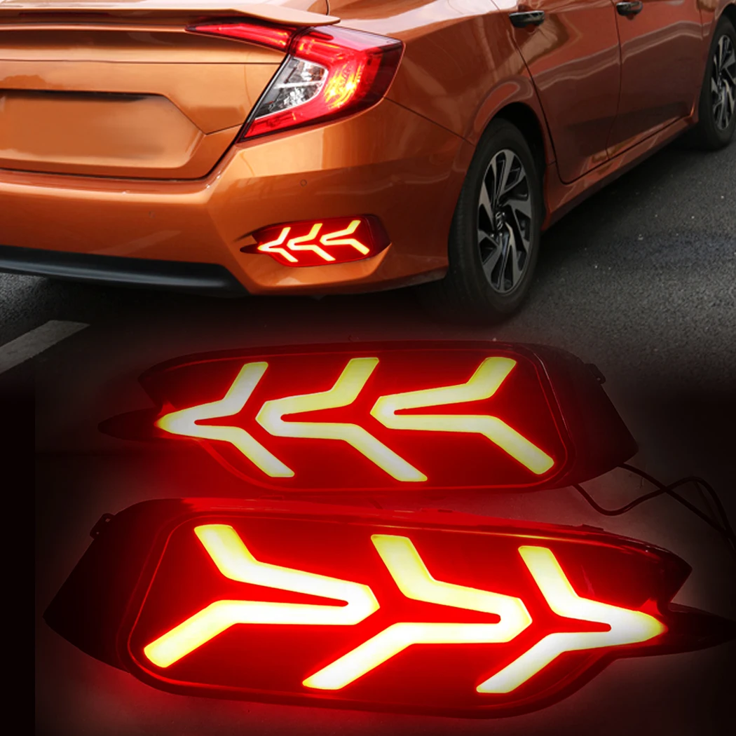 2Pcs LED Rear Bumper Lights W/Brake Turn Signal Light Reflector For Honda Civic Sedan 2016-2018