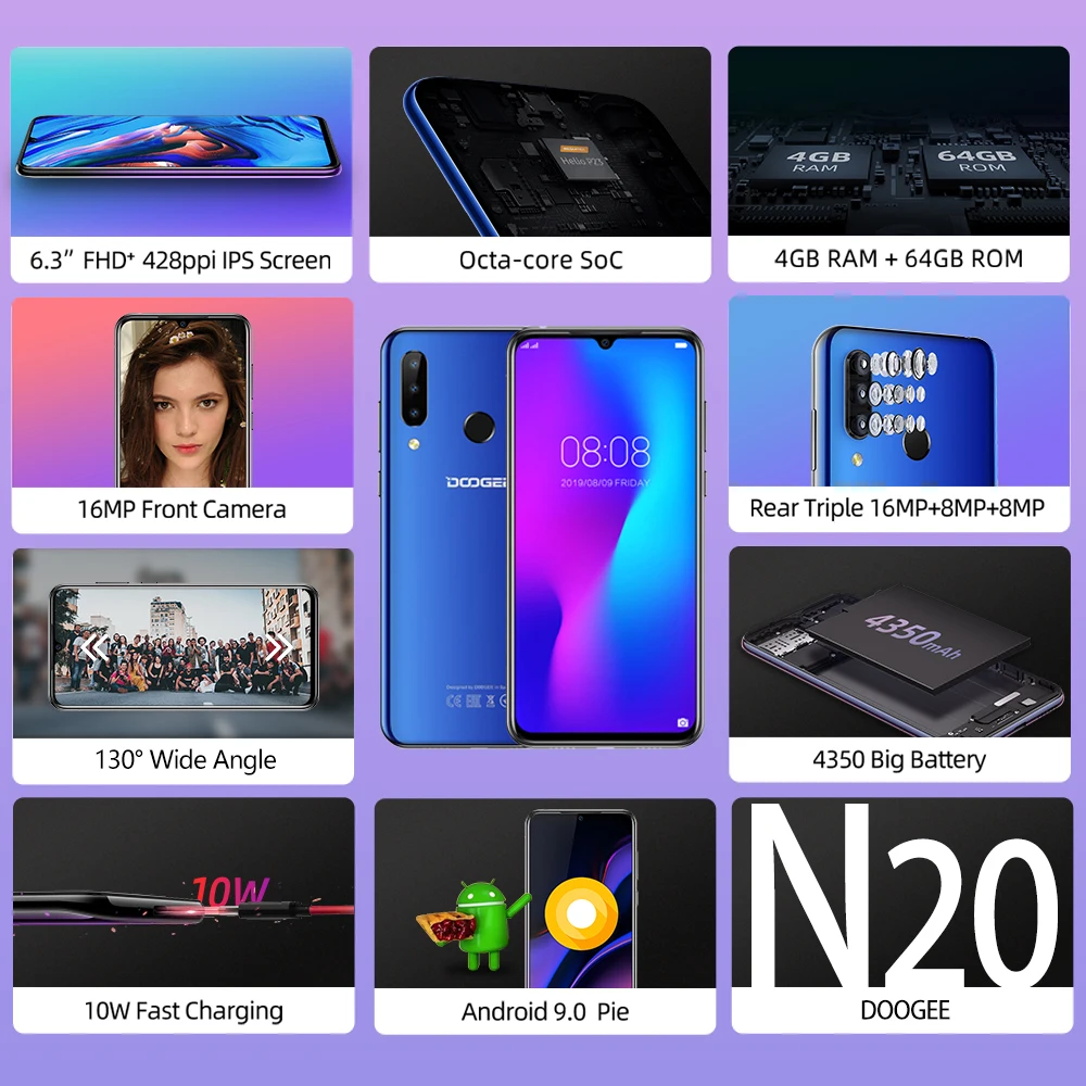 DOOGEE N20 N 20 6 3 дюймов FHD + мобильный телефон 4 Гб 64 MT6763 Восьмиядерный 4350 мАч 16MP 8MP