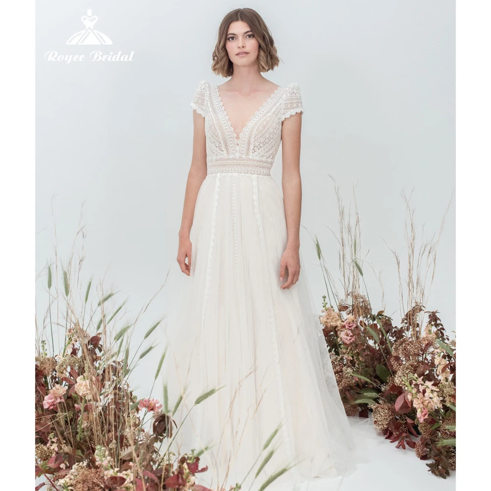 

Элегантное кружевное ТРАПЕЦИЕВИДНОЕ свадебное платье с V-образным вырезом и пышными рукавами, с высокой талией, свадебные платья 2022, сетчат...