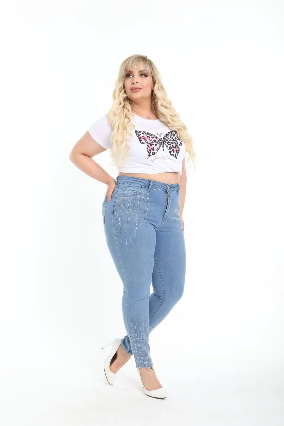 Diaves Women Plus Size High Waist Skinny Pearl Stone Pattern Detailed Blue Jeans