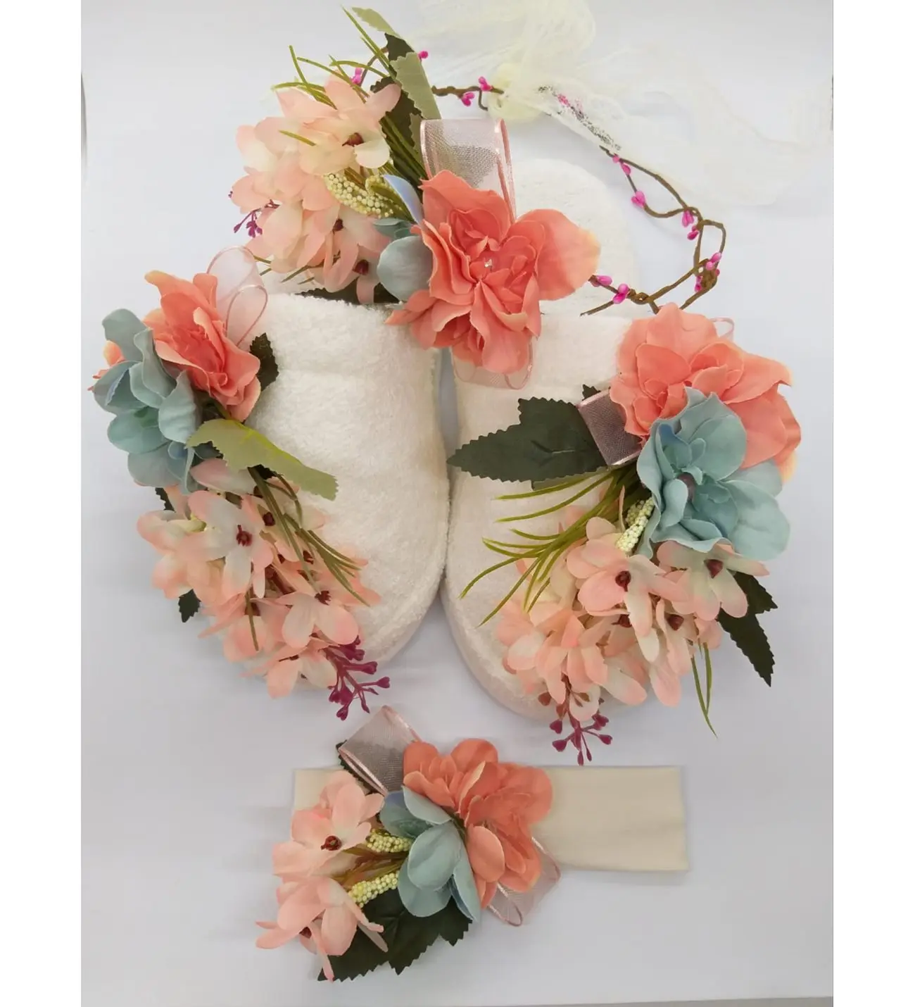 Gray Floral Postpartum Slippers, Hair Hoop and Baby Headband, 3-pack Postpartum