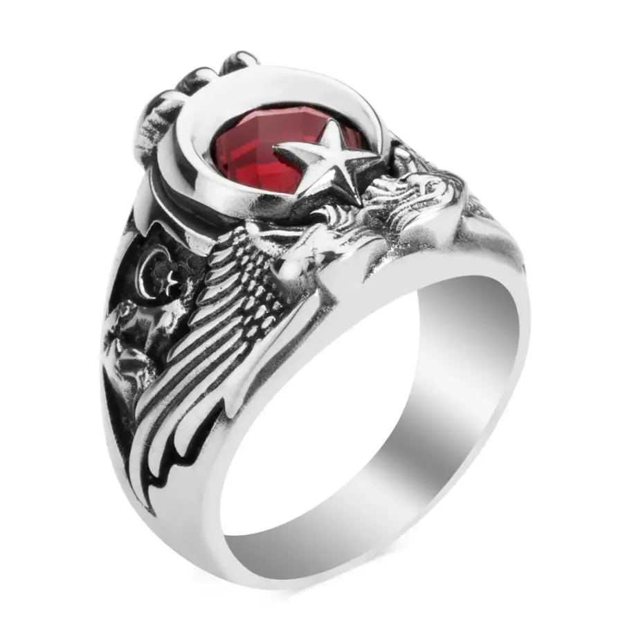 

925 Sterling Silver Zircon Crescent Star Motif Ring Double Eagle Claw Style Jewelry Vintage Turkish Men Luxury Long Lasting New