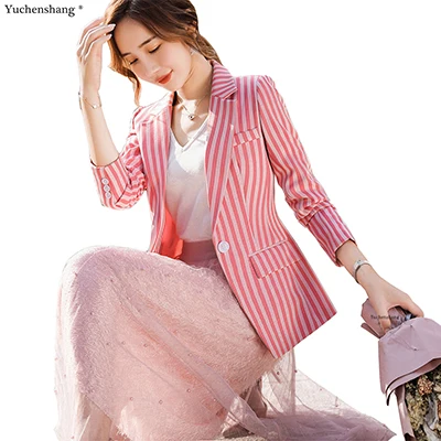 Pink Blazer Новинка размера плюс 4XL женский Блейзер Куртка пальто весна лето осень зима Повседневный длинный рукав розовый черный желтый полосатый жакет Блейзер - Цвет: Pink Blazer