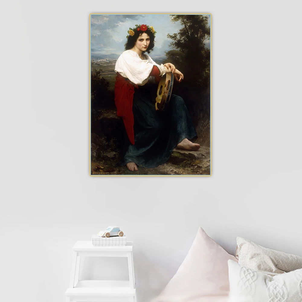 

Canvas Oil Painting William Adolphe Bouguereau"Italian With Tambourine"Aestheticism Artwork Wall Aesthetic Home Hallway Decor