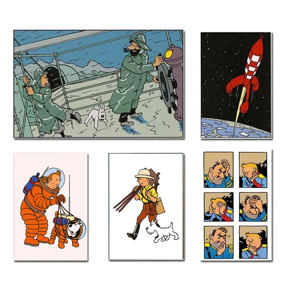 

French Comics Adventures of Tintin Vintage Poster Funny Cartoon Canvas Painting Wall Picture Mural Nursery Kids Bedroom Decor
