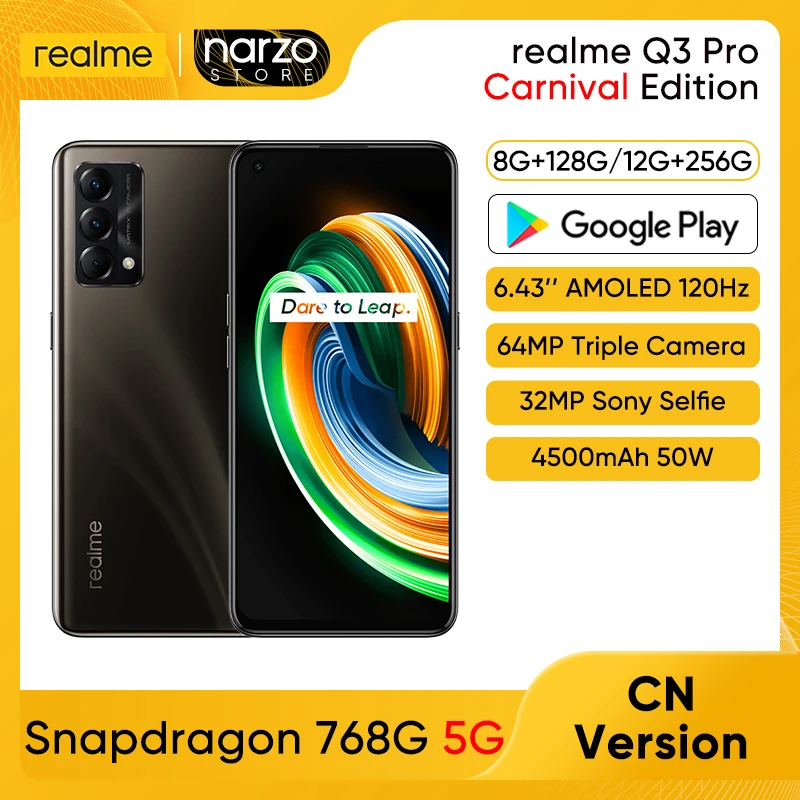 

realme Q3 Pro Carnival Edition 5G Mobile Phone 8GB128GB 6.43"AMOLED 120Hz Refresh rate Snapdragon 768G 50W Fast Charge 64MP OTA