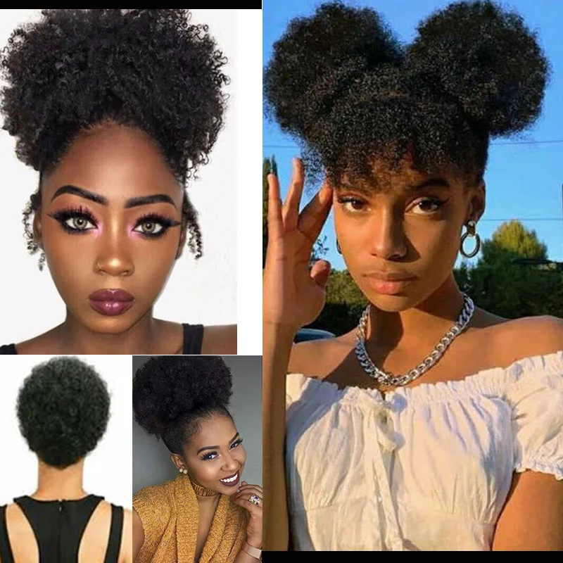 

LISIGIRL 10inch High Puff Afro Curly Wig Ponytail Drawstring Short Afro Kinky Pony Tail Clip In Synthetic Kinky Curly Hair Bun