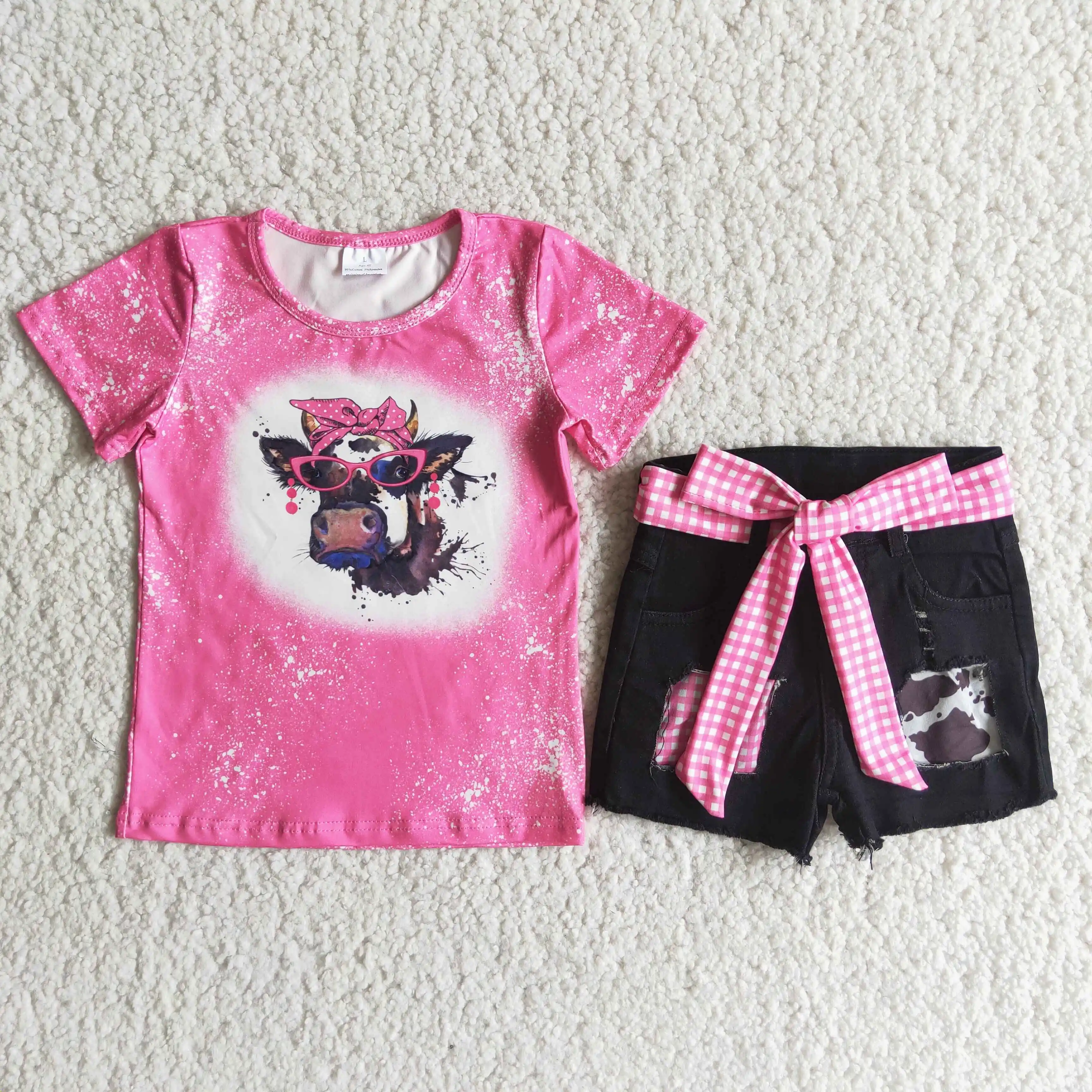 

New Girls Baby Clothes Set Pink Cattle Short with Black Jeans Pants For Toddler Girls Outfits Kids Wear
