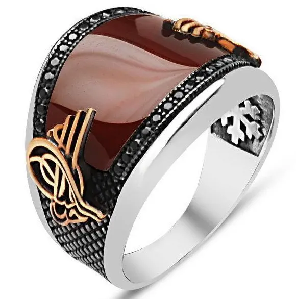 925 пробы Серебряное кольцо с красным агатом|Кольца| |