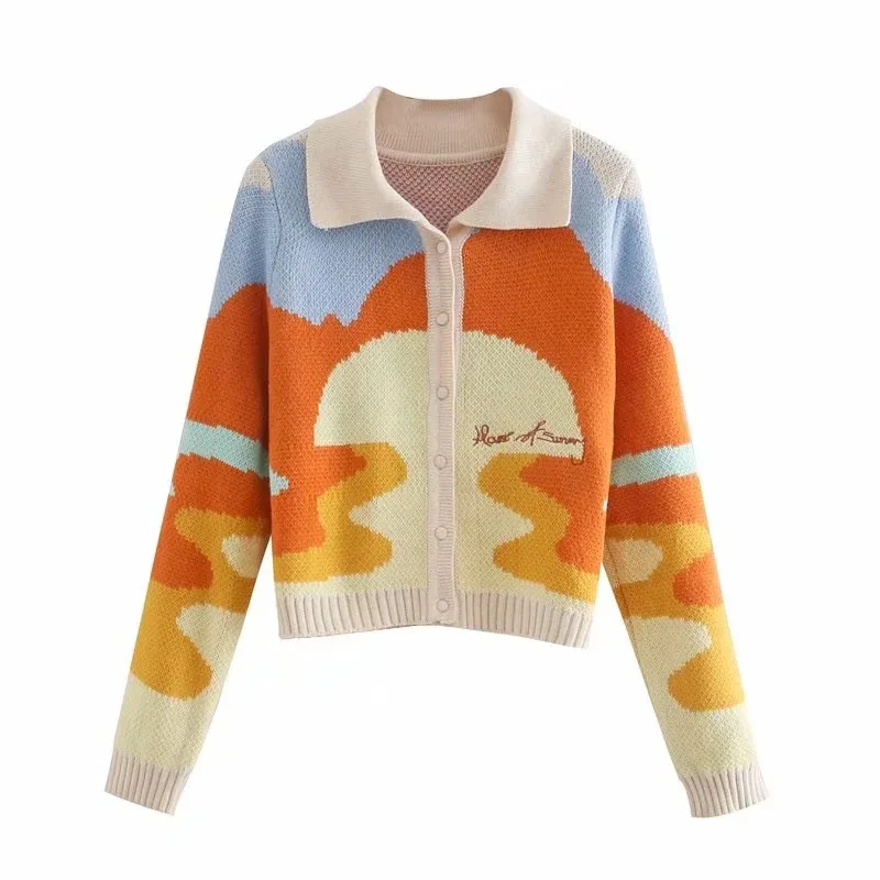 

Women Cardigans 2021 Vintage French Style Sunshine Print Short Knitted Sweater Chic Lady Single Breasted Loose Cardigans Femme