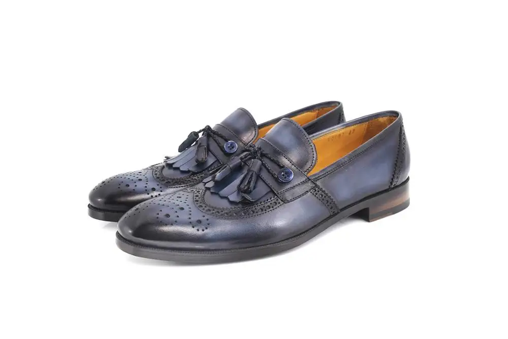 

SHENBIN's Vintage Patina Kiltie Tassel Loafers with Brogue Cap Toes, Dark Blue, Zebra Leather Soles, Shenbins Handmade Footwear