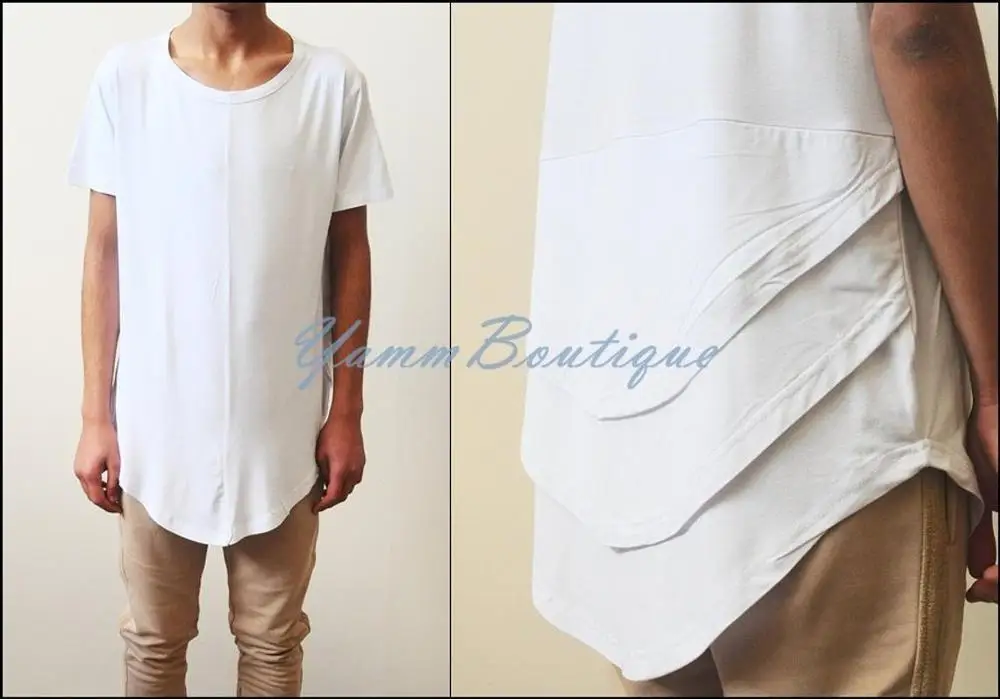 

White Distressed Scoop Wide Neck Short Sleeve Extended Folded Back Tshirt --- Relaxed fit / Long Fitted