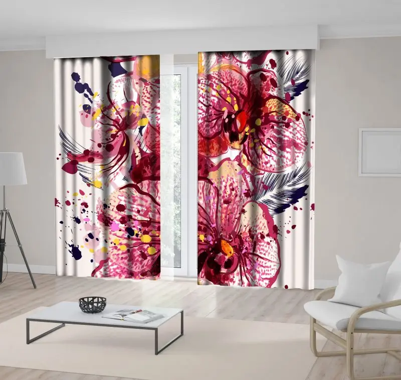 Штора Орхидея цветы краски брызги современный красочный акварельный стиль