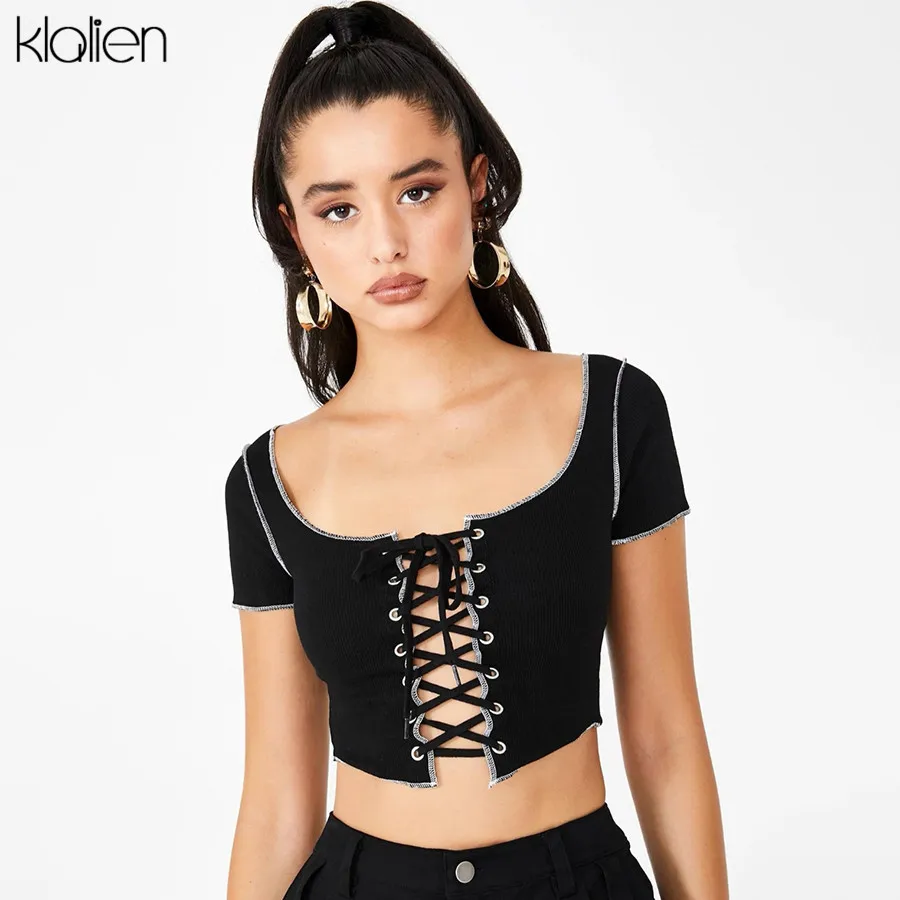 KLALIEN черная сексуальная женская футболка с коротким рукавом kawaii kpop одежда 2020