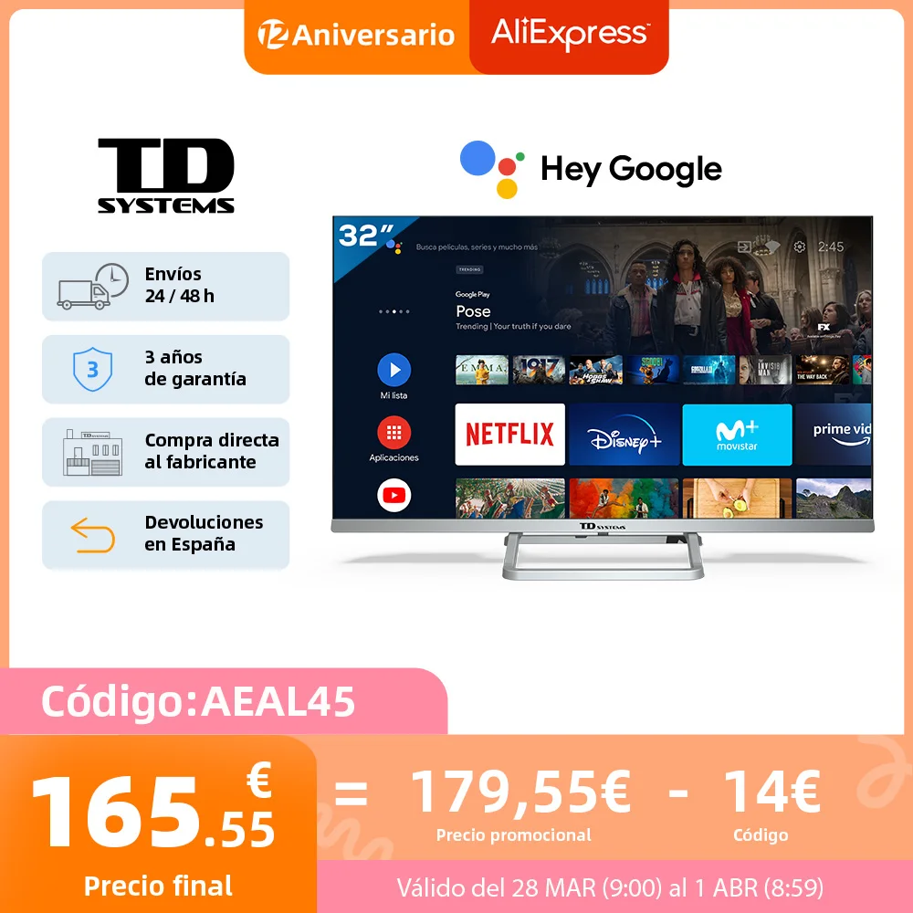 Smart TV 32" HD, televisores Official Google Chromecast, control por voz (Google Assistant). TD Systems K32DLX14GLE [Envío desde España, garantía de 3 años] televisión