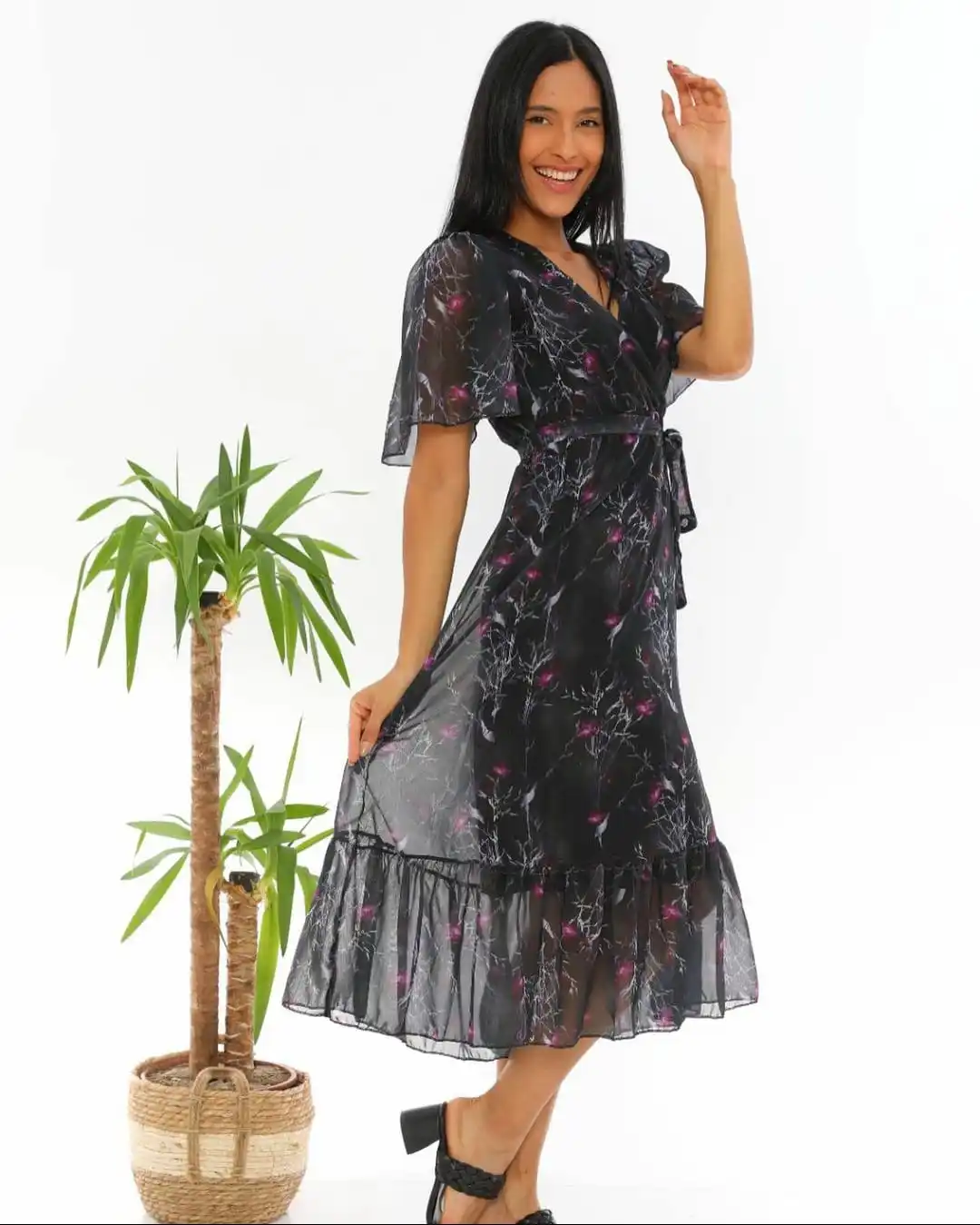 

Women's Flower Print Arched Double Breasted Collar Short Sleeve Dress Midi Length