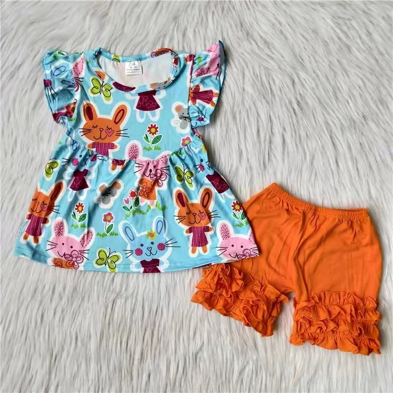 

2022 Summer rabbit ruffle shorts set toddler clothes RTS wholesale no MOQ kids boutique clothing kids fashion outfit