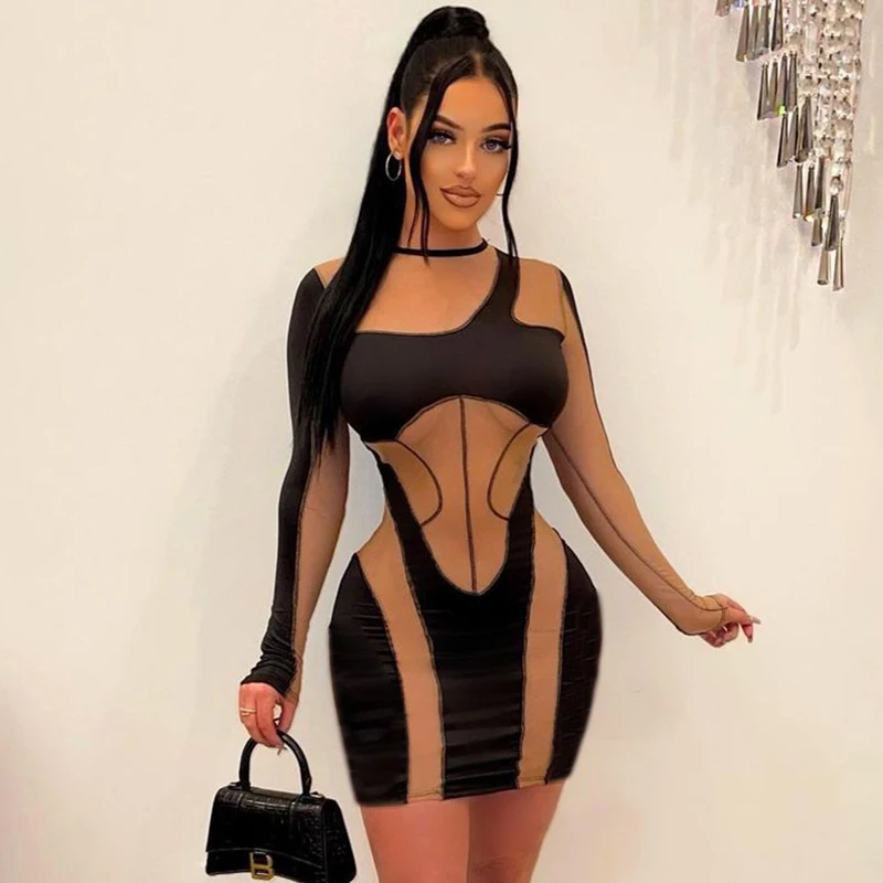 

Women Sexy Hollow Out Mesh Mini Dress Elegant Women Overalls Full Sleeve Evening Party Club Clothing Summer Designer Dresses New