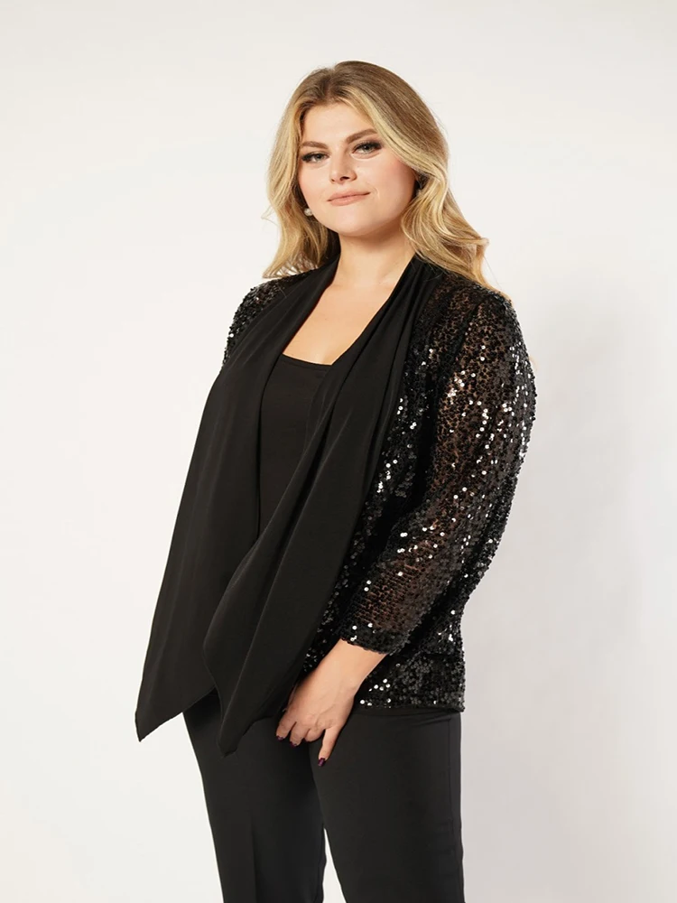 Sequin Decorated Shawl Collar Chiffon Fabric Black Color Thin Plus Size Jackets For Women 4xl 5xl 6xl 2022 New Fashion Outwear