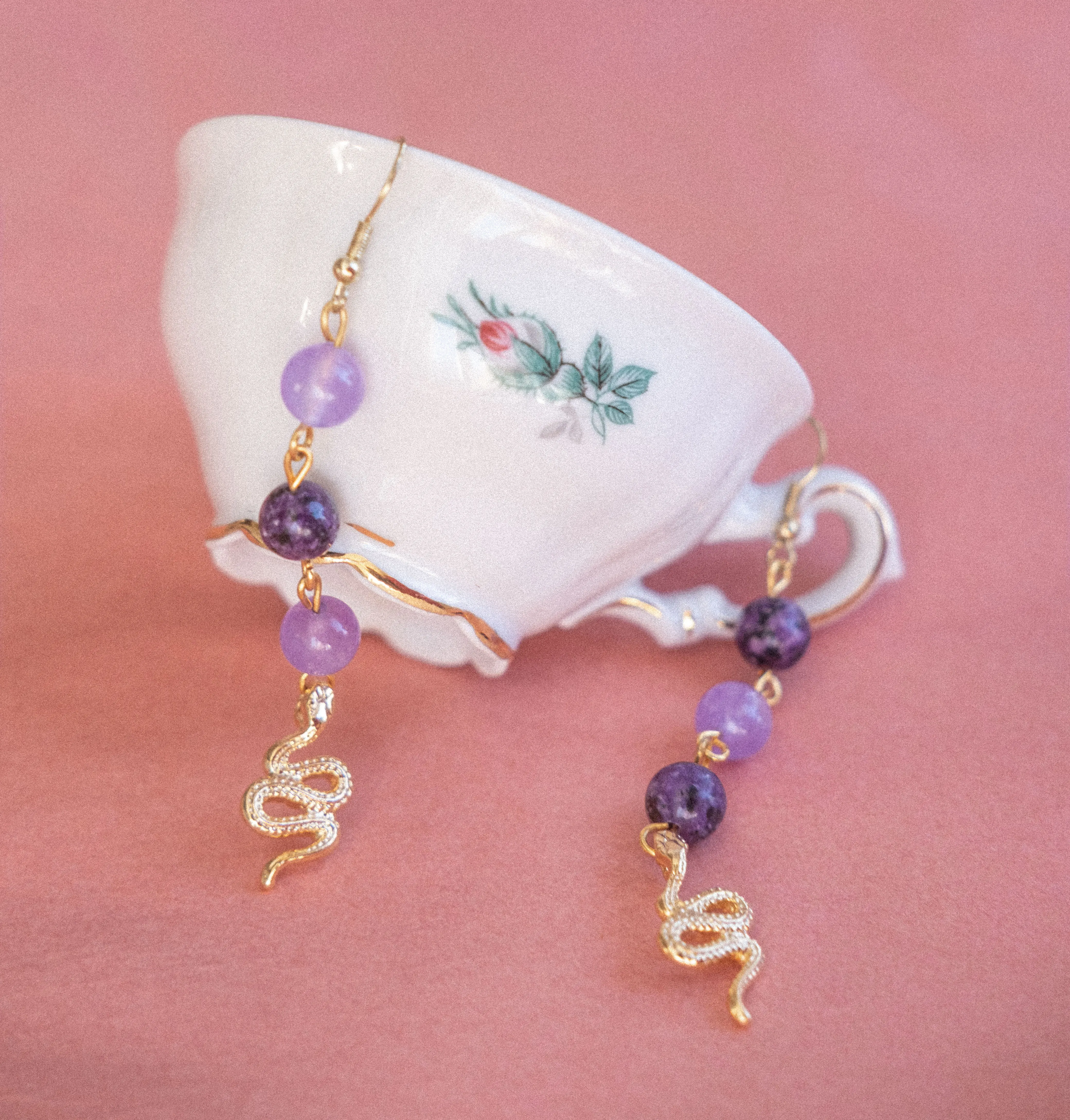 

Earrings Snake Jade Gemstone Charm Bohemian Animall Figured Purple Gold Plated Earrings Snake Gold for Woman