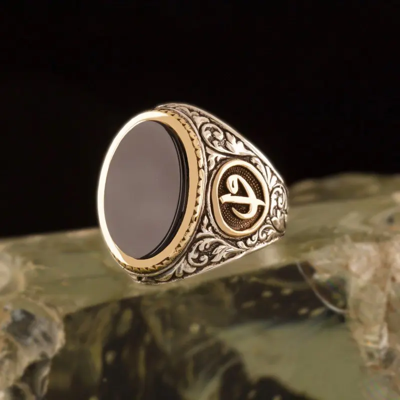 

925 Sterling Onyx Stone Vav Elif Patterned Silver Ring Fashion Turkish Premium Quality Handmade Jawelery