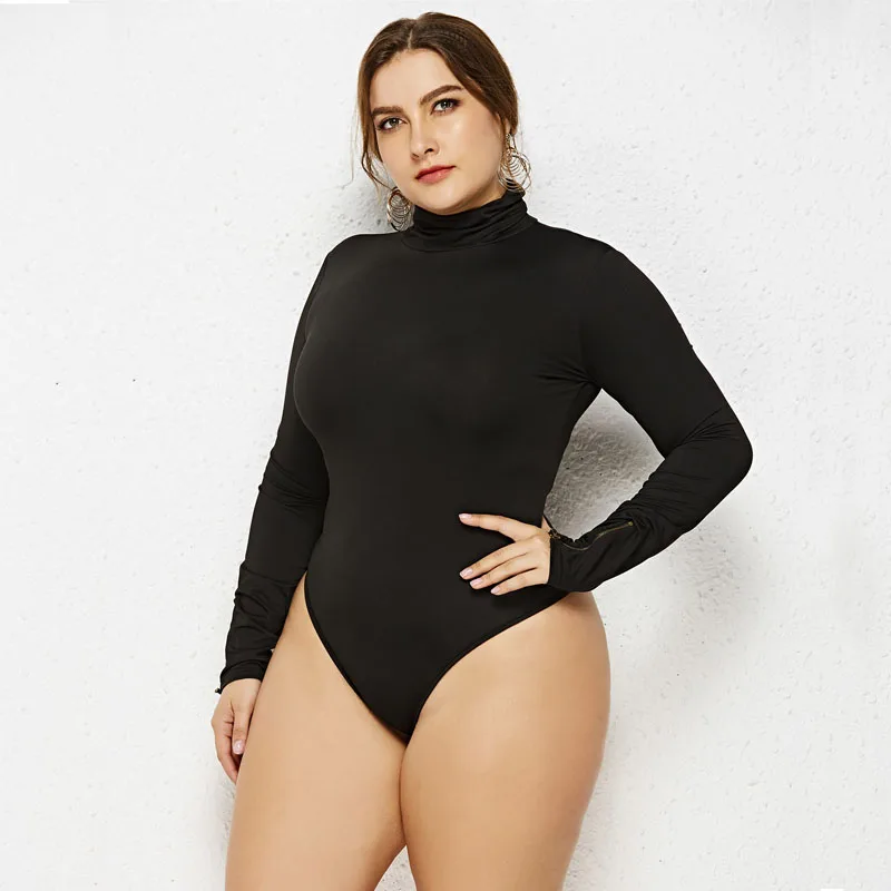 Black Женское модное повседневное боди XL-6XL с высоким воротником, облегающее боди с длинными рукавами на осень и зиму, сексуальное боди с высоким воротником - Цвет: Black