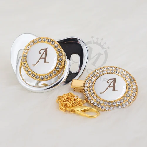 MIYOCAR Gold silver name Initials letter white elegant A beautiful bling pacifier and pacifier clip BPA free dummy bling LA-W - Цвет: LA-9-W   0-6M