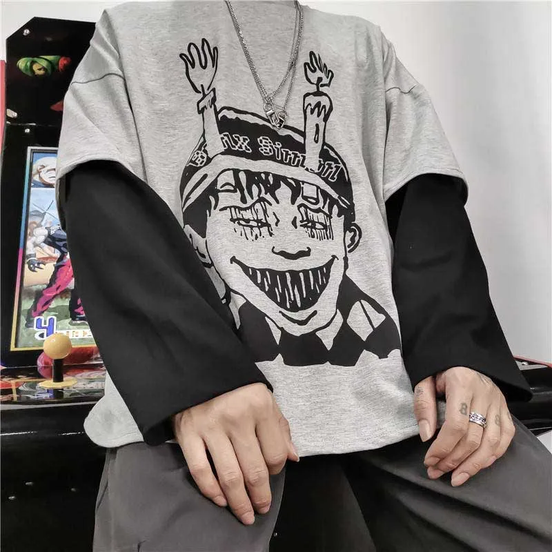 NiceMix Harajuku футболка женская поддельная 2 шт. принт японский Fujiang Ужасы комиксы длинный рукав рубашка Женская Vetement Femme