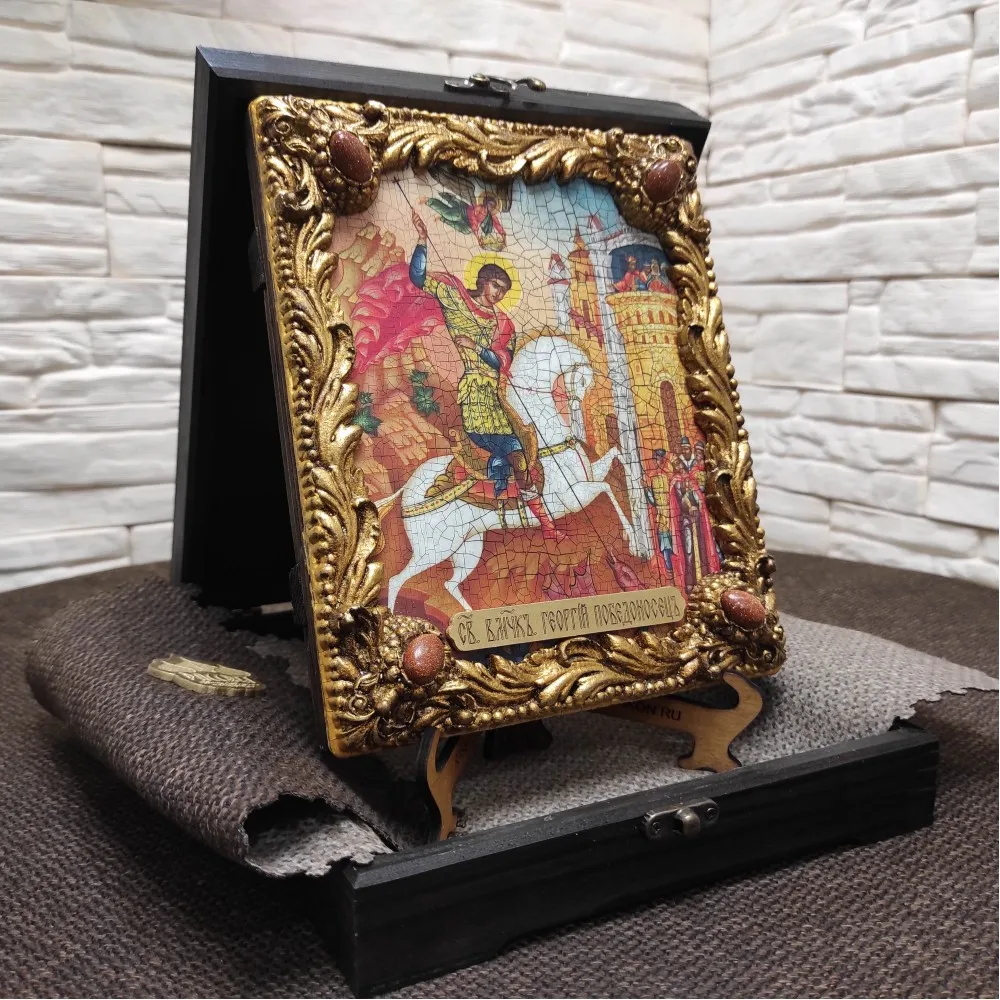 Георгий Икона Победоносец св. великомученик с иглицами и камнями размером 19 23