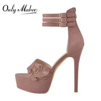 onlymaker fashion thin high heel platform sandals women summer peep toe buckles pink faux suede cover heel zipper shoes