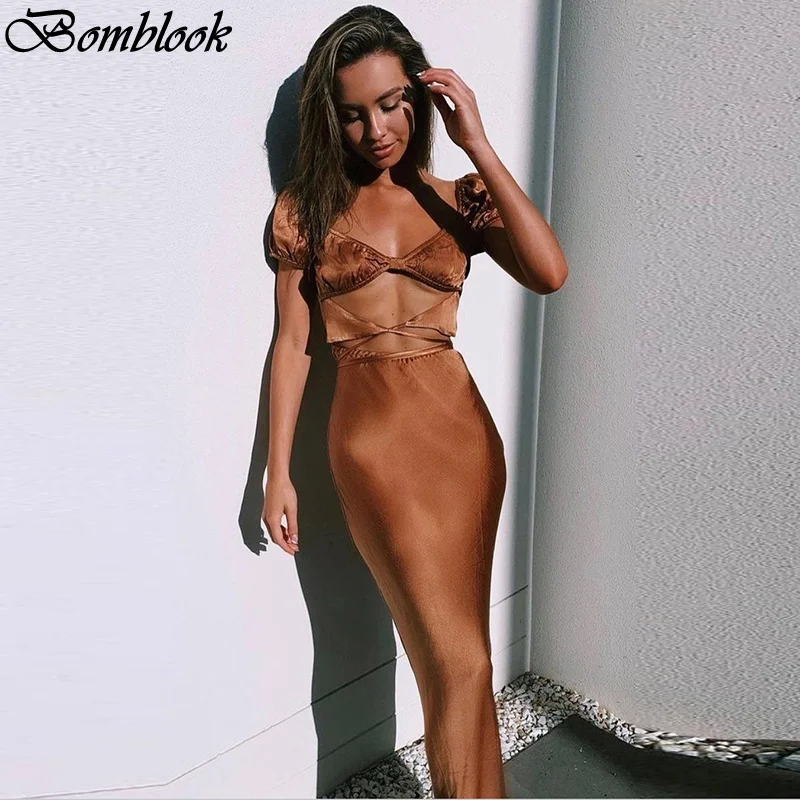 

Bomblook 2021 Solid Square Collar Puff Sleeve Cross Lace Up Hollow Out Trumpet Dress Summer Women Sexy Party Club Outfits