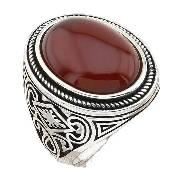 

Armour Design Sterling Silver Men's Ring with Oval Red Agate Raw Gemstone Jewelry Gift for Grandfather for Birthday Present