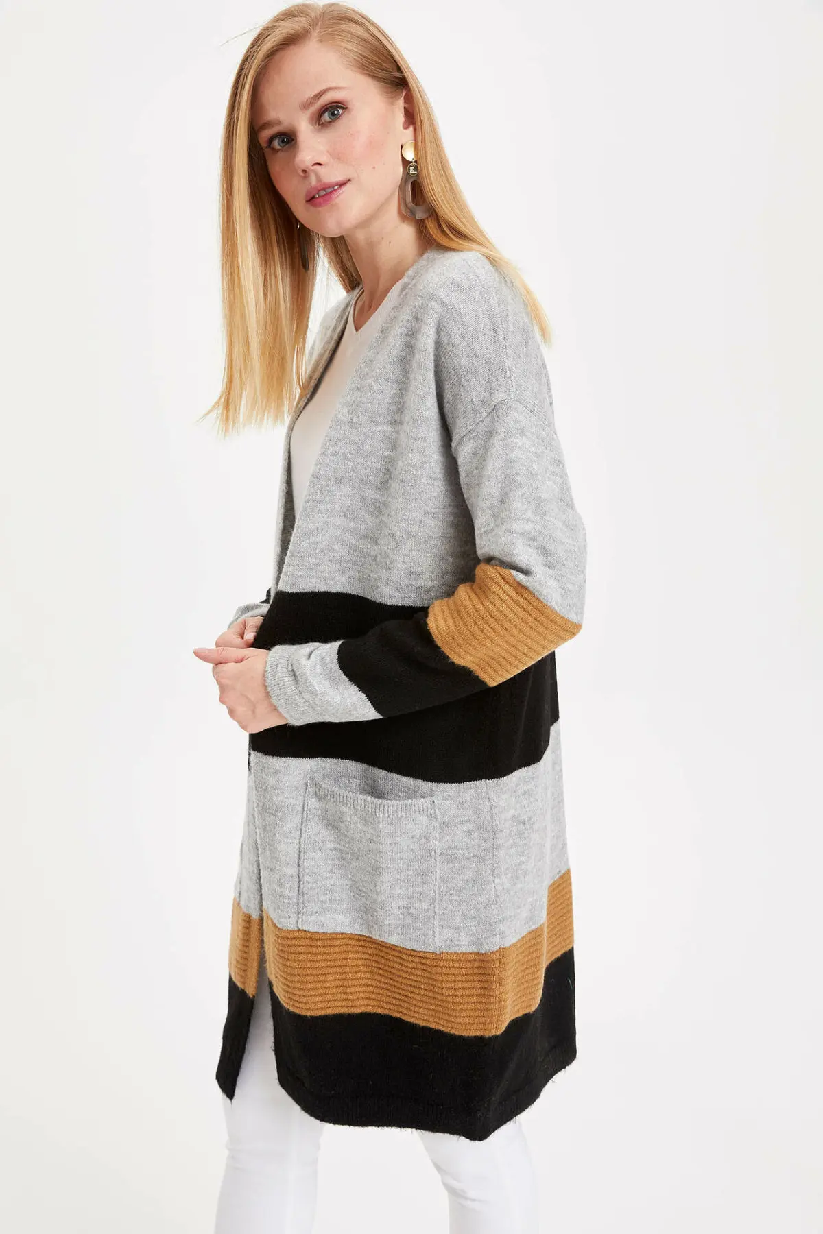 DeFacto Женский Повседневный длинный кардиган вязаный полосатый желтый розовый