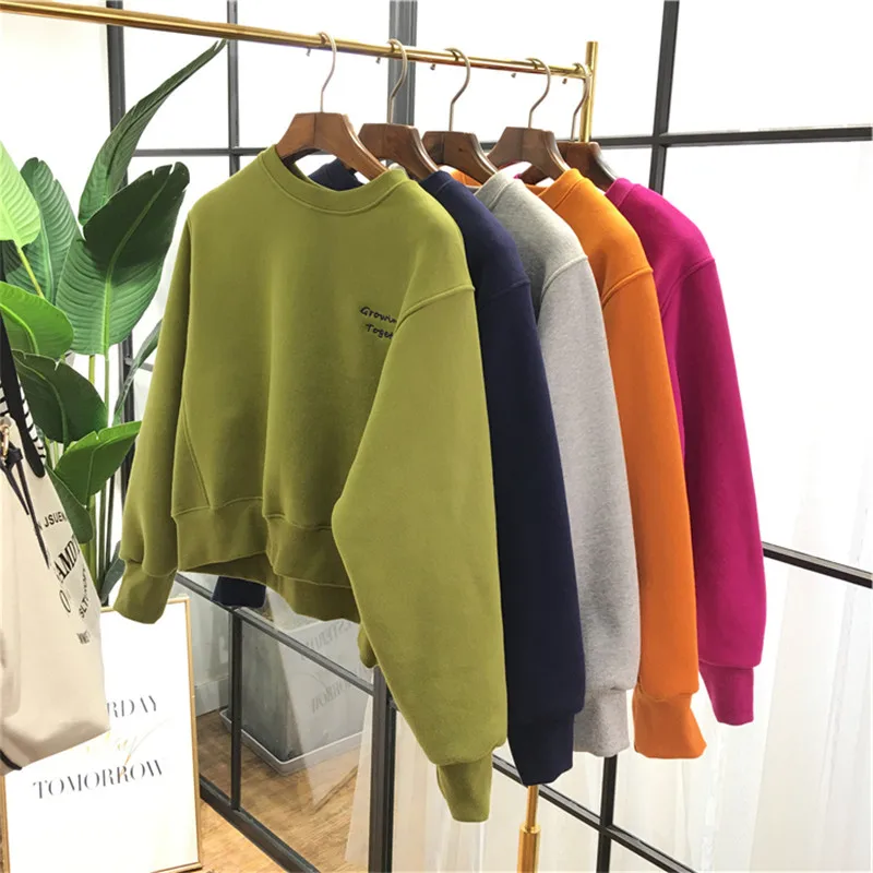 

Woman Fashion Fleece Sweatshirts O Neck Pullovers Autumn Winter Hoodies Solid Spring Clothing