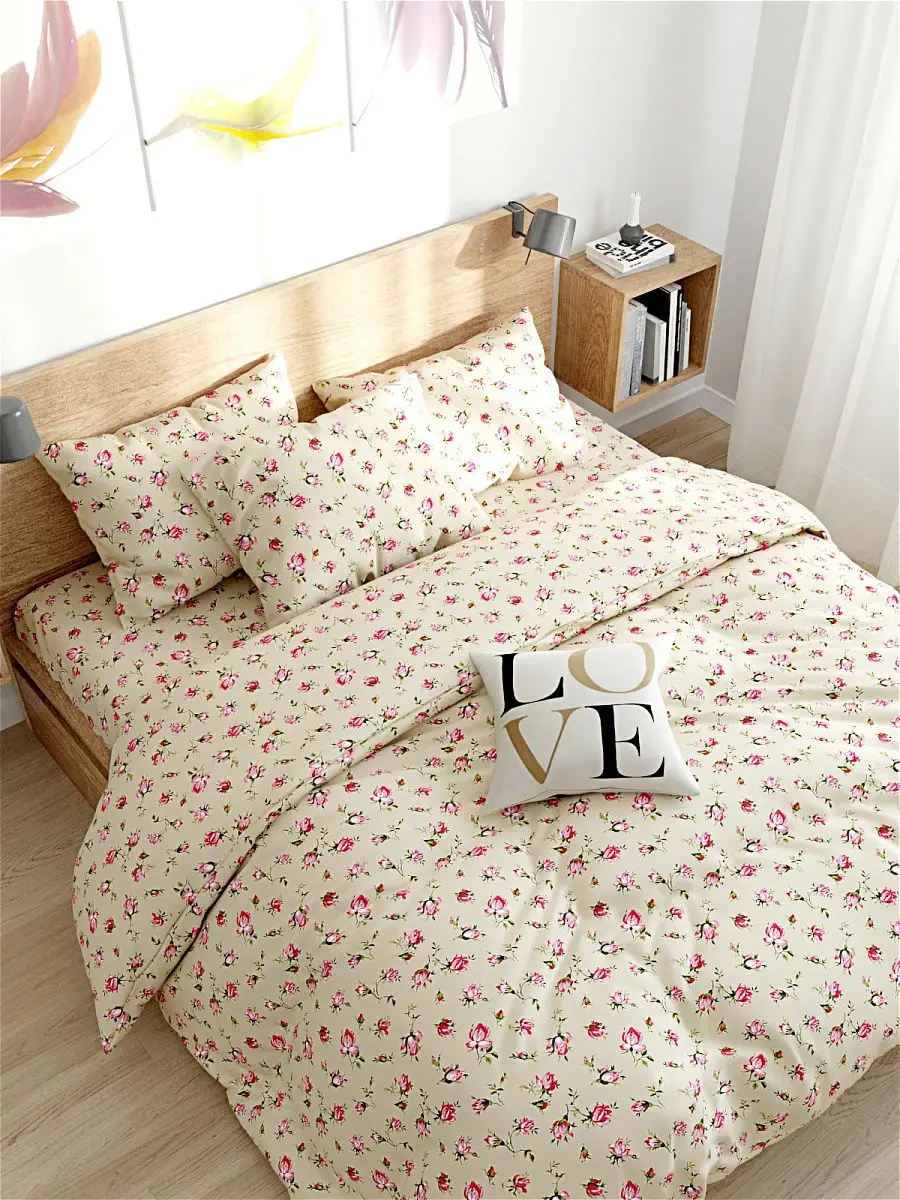Постельное белье Сказка / &quotРозовые бутоны на бежевом&quot Евро Пододеяльник 200х215