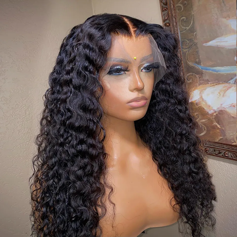 ANGIE QUEEN Brazilian Deep Wave Frontal Wig 30 Inch Transparent Lace Wigs For Women Human Hair Pre Plucked Curly Human Hair Wig