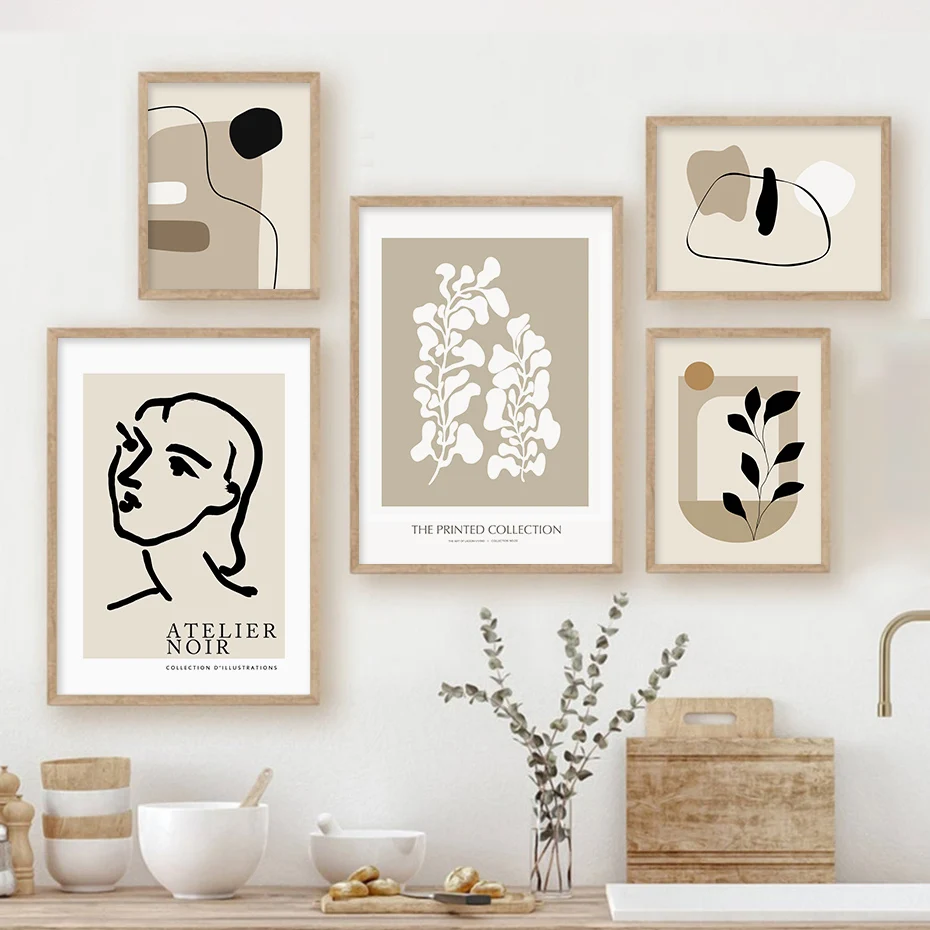 

Abstract Face Line Leaves Beige Boho Posters Canvas Painting Wall Art Print Pictures for Bedroom Living Room Interior Home Decor