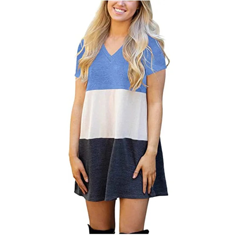 

Summer Dress Women Loose Short Sleeve Elegant V-neck Mini Dresses Casual Patchwork Clothes Vintage Color Block Femme Dress