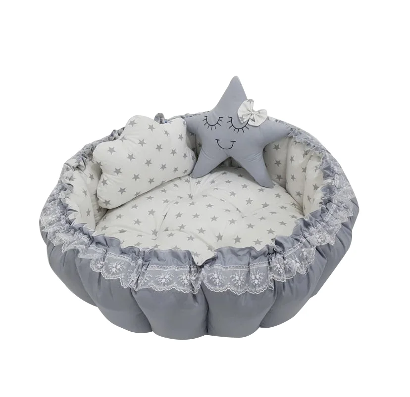 Jaju Baby Handmade Gray and Gray Starry Design Luxury Play Mat Babynest 3 Piece Set Portable Baby Bedding Set Mother Side