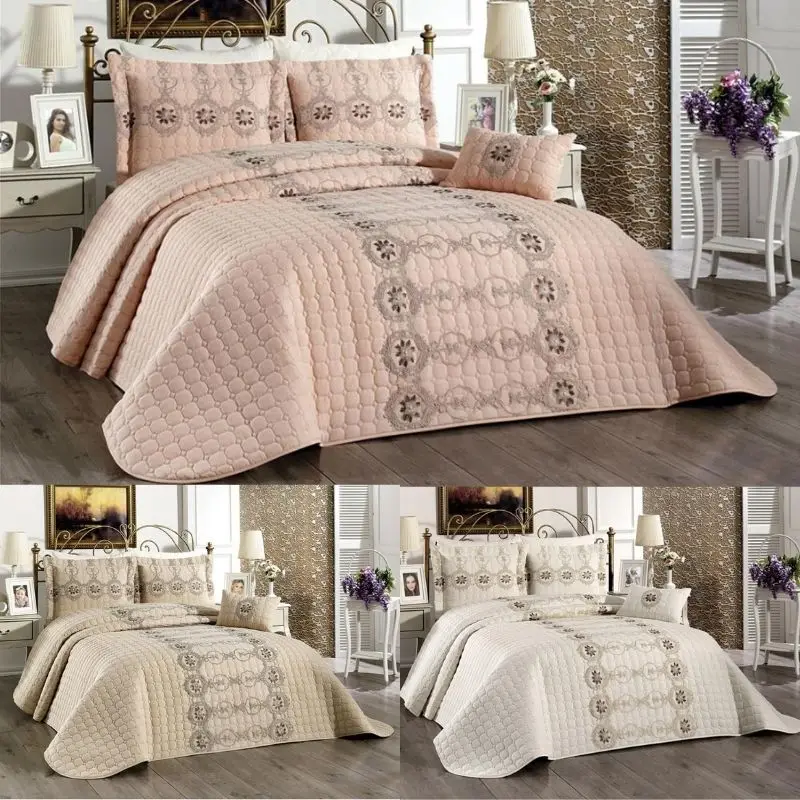 

Wedding World 2021 New Season Cotton Fabric Melina Double Bed Cover Pillow Cover Stylish Design 3 Different Colors 260*260 Cm