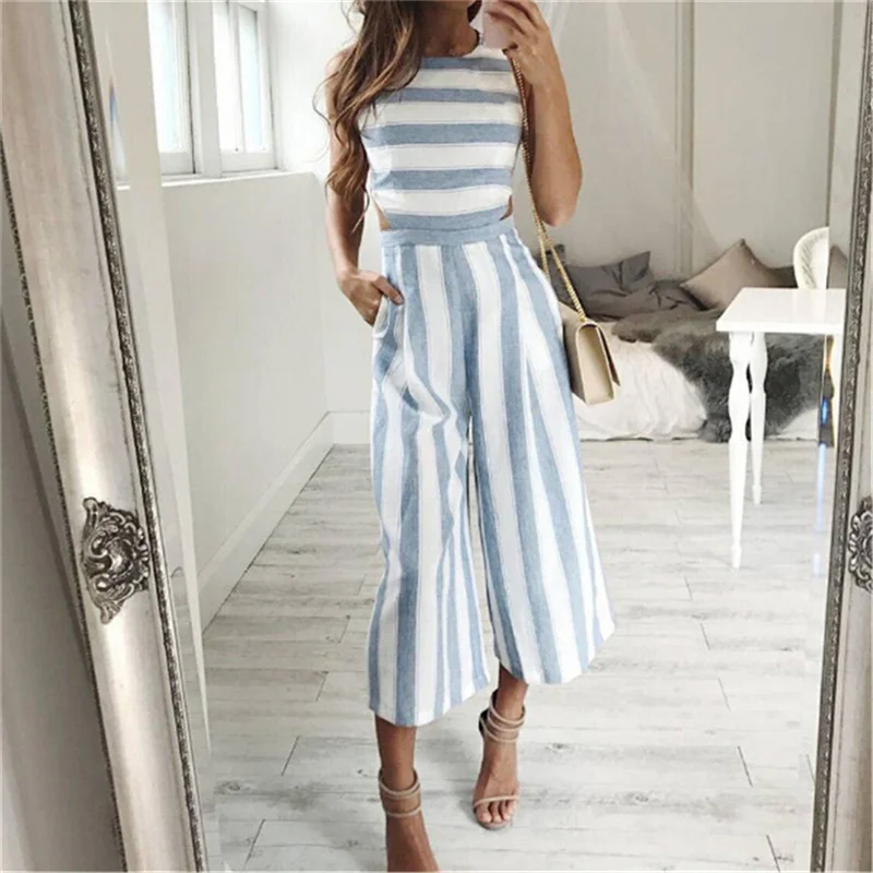 Женский полосатый комбинезон на молнии Свободный Повседневный с карманами без