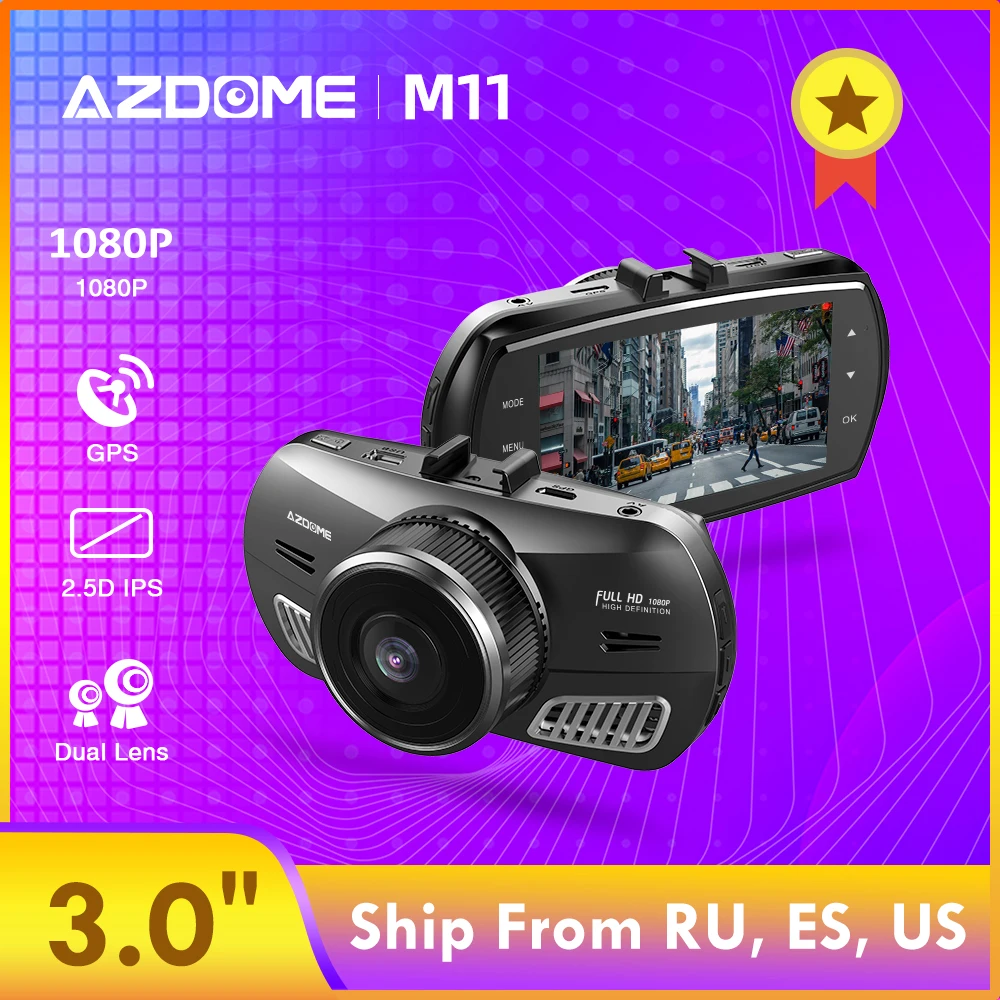 AZDOME M11 3 дюймов 2.5D ips Экран Dash Cam Видеорегистраторы для автомобилей Регистраторы HD 1080P Двойной объектив автомобиля видео камера приборной панели Ночное видение тире Камера gps