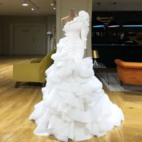gorgeous white one shoulder a line evening dress for woman tiered long sleeves formal prom gown ruffles saudi arabia party dress