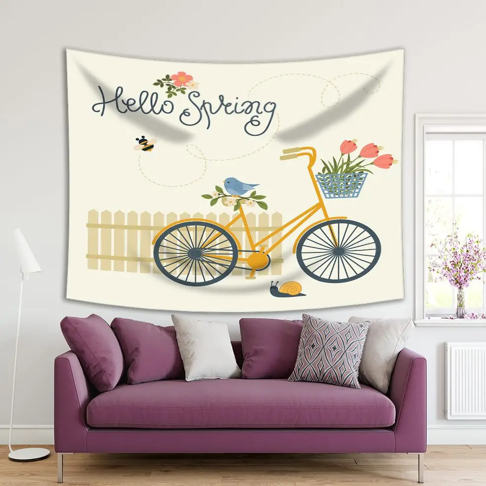 

Tapestry Bicycle Flowers Bird Bee Snail And Fence "Hello Spring" Spring Theme Art in Yellow Dark Blue Coral colors Print