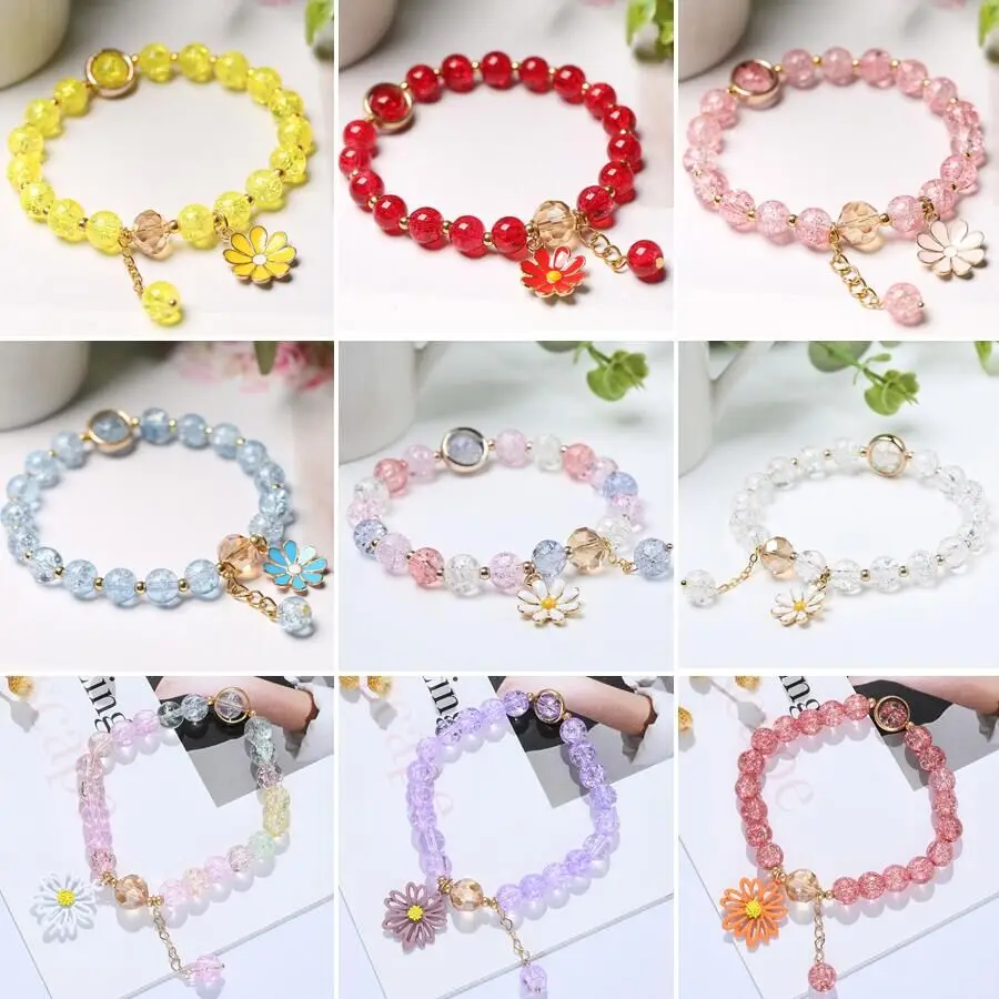 

Korean Cute Daisy Flowers Bracelets For Women Colorful Crystal Elastic Beaded Sweet Temperament Girls Party Jewelry New Gift